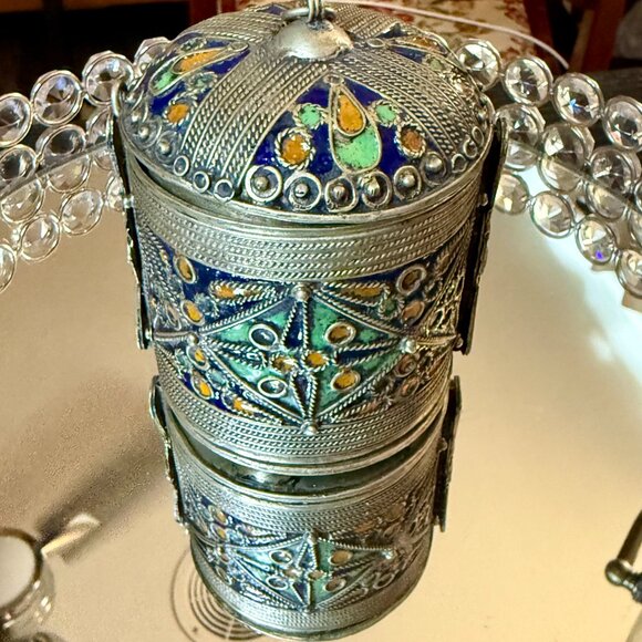 VTG ~ Cuff Bracelet & Box w/ Pin ~Berber Kabyle Tribal Hammered Silver & Enamel - Picture 4 of 12